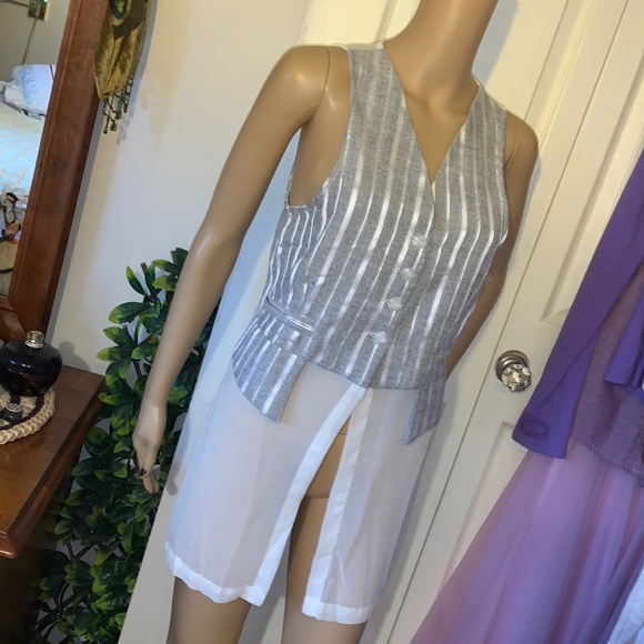 Vtg 90s y2k sleeveless grey white stripe sheer chiffon vest tunic top M - Picture 11 of 16